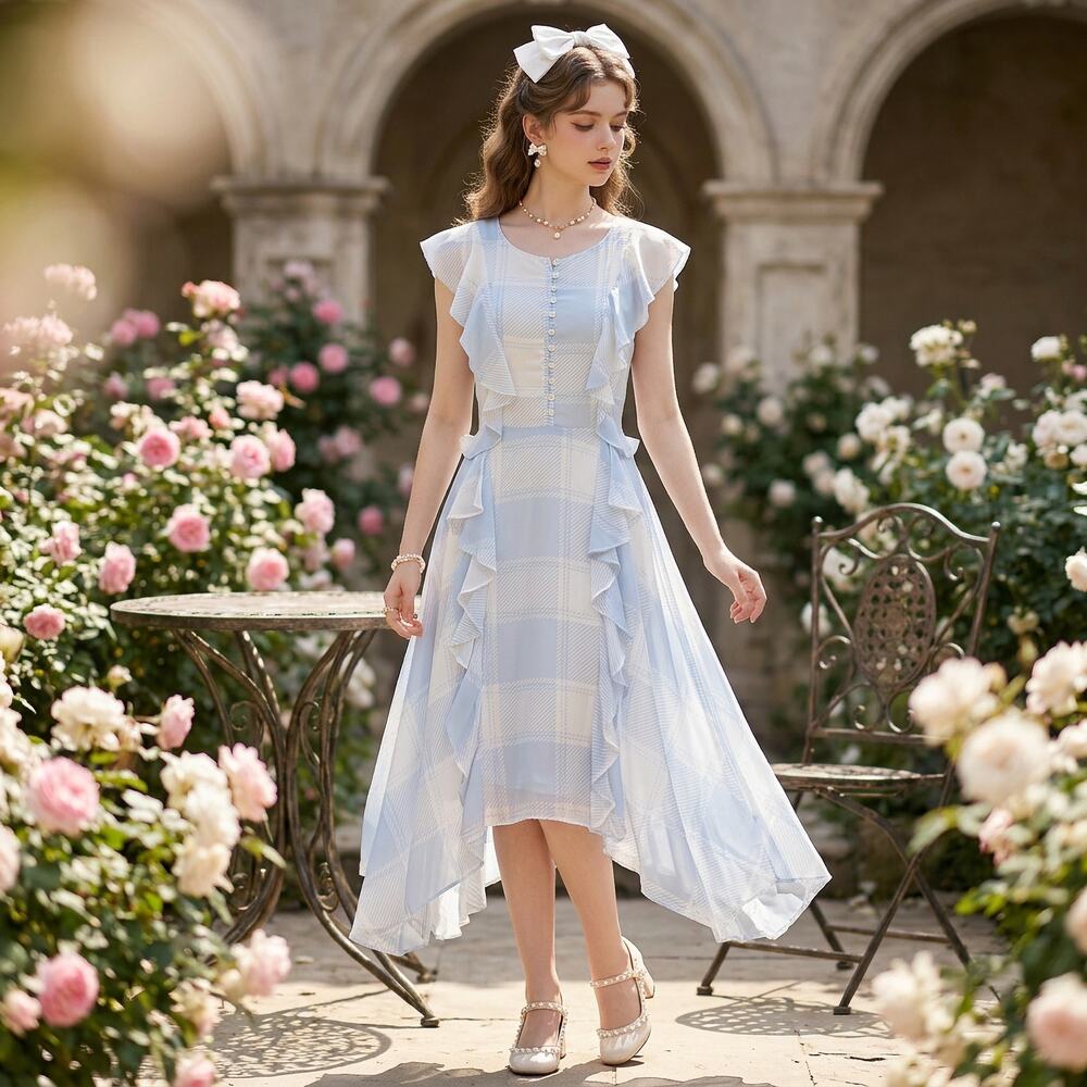 Belle + Sky Pastel Blue Plaid Ruffle Midi Dress XS Cottagecore Coquette Dollette